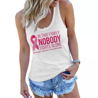 Womens In This Family Nobody Fights Alone Breast Cancer Awareness V Neck Women Flowy Tank | Mazezy