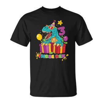 3 Three Rex Dinosaur 3Rd Birthday 3 Years Old For Boy Girl Unisex T-Shirt | Mazezy