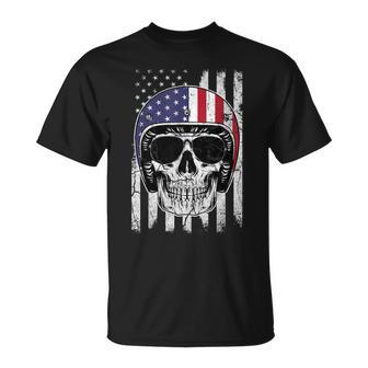 4Th Of July American Flag Skull Motorcycle T Men Dad Unisex T-Shirt - Seseable