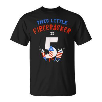 5Th Birthday This Little Firecracker Is 5 Fireworks 4Th July Unisex T-Shirt - Seseable