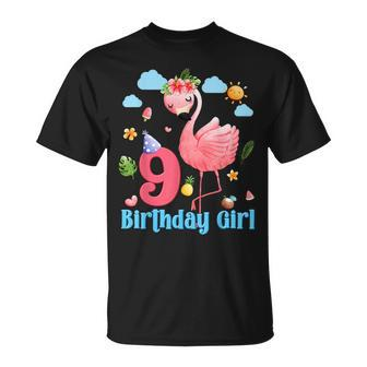 9Th Birthday Girls Flamingo 9 Years Old Tropical Flamingo Unisex T-Shirt - Seseable