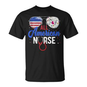 All American Nurse Scrub Heart Stethoscope 4Th Of July Nurse Unisex T-Shirt - Seseable
