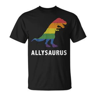 Allysaurus Dinosaur In Rainbow Flag For Ally Lgbt Pride Unisex T-Shirt | Mazezy