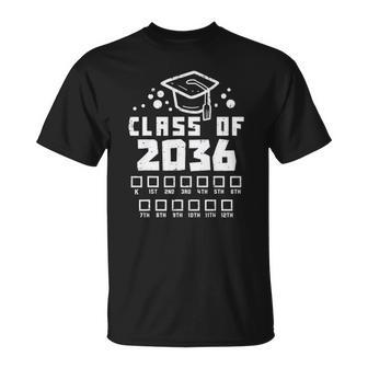Class Of 2036 Checklist Kindergarten Graduation Grow With Me Unisex T-Shirt | Mazezy