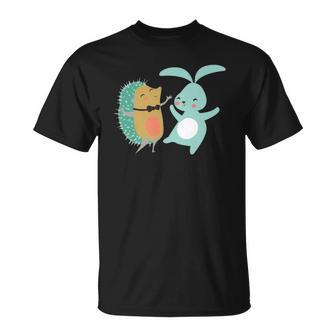 Cute Dancing Hedgehog & Rabbit Cartoon Art Unisex T-Shirt | Mazezy
