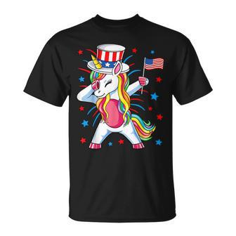 Dabbing Unicorn 4Th Of July Uncle Sam Girls American Flag Unisex T-Shirt - Seseable