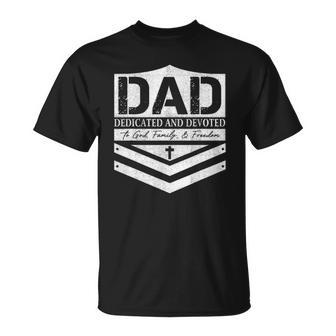 Dad Dedicated And Devoted Happy Fathers Day For Mens Unisex T-Shirt | Mazezy