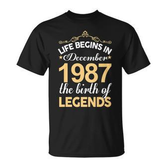 December 1987 Birthday Life Begins In December 1987 T-Shirt - Seseable