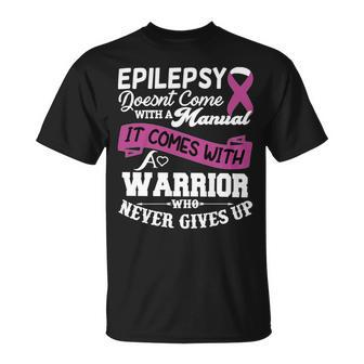 Epilepsy Doesnt Come With A Manual It Comes With A Warrior Who Never Gives Up Purple Ribbon Epilepsy Epilepsy Awareness Unisex T-Shirt - Monsterry UK