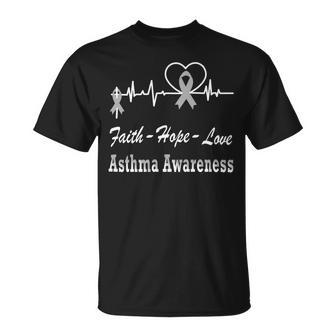 Faith Hope Love Asthma Awareness Heartbeat Christian Cross Grey Ribbon Asthma Asthma Awareness Unisex T-Shirt | Favorety CA