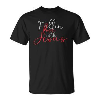 Fall In Love With Jesus Religious Prayer Believer Bible Gift Unisex T-Shirt | Mazezy