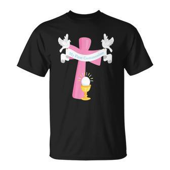First Communion Pink Cross Unisex T-Shirt | Mazezy