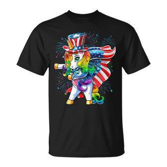 Flossing Unicorn 4Th Of July American Flag Uncle Sam Girls Unisex T-Shirt - Seseable