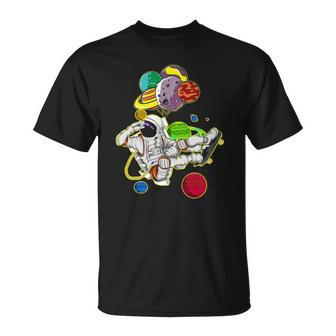 Funny Astronaut Space Travel Planets Skateboarding Science Unisex T-Shirt | Mazezy