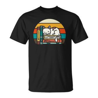 Funny Cute Cat Lady Books Reading Kitty Animals Pet Vintage Unisex T-Shirt | Mazezy