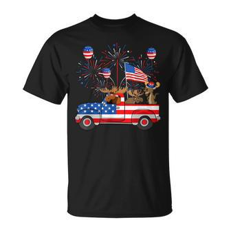 Funny Moose Riding Red Truck Usa Flag Patriotic 4Th Of July Unisex T-Shirt - Seseable
