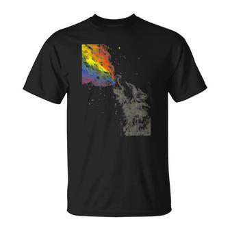 Howling Wolf Rainbow Watercolor Whimsical Animal Unisex T-Shirt | Mazezy