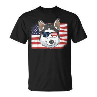 Husky Dad & Mom American Flag 4Th Of July Usa Siberian Husky Unisex T-Shirt - Seseable