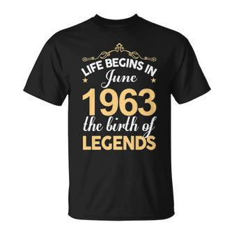 June 1963 Birthday Life Begins In June 1963 V2 T-Shirt - Seseable