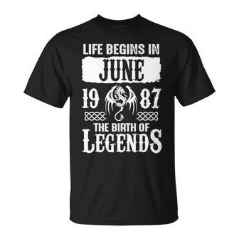June 1987 Birthday Life Begins In June 1987 T-Shirt - Seseable