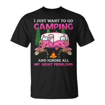 I Just Want To Go Camping Flamingo Camping T-shirt - Thegiftio UK