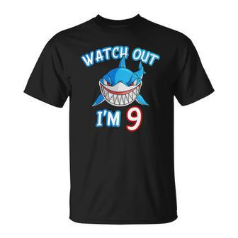 Kids 9 Years Old Boy Watch Out Shark 9Th Birthday Tee Unisex T-Shirt | Mazezy
