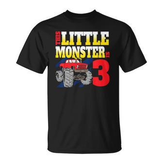 Kids Monster Trucks 3Rd Birthday Party Three Years Old Unisex T-Shirt | Mazezy