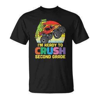 Kids Ready To Crush 2Nd Grade Dino Monster Truck Back School Boys Unisex T-Shirt | Mazezy