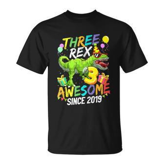 Kids Three Rex Awesome Since 2019 Funny Birthday Boys Kids Unisex T-Shirt - Monsterry
