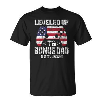 Leveled Up To Daddy Bonus Dad Est 2021 Unlocked Fathers Day Unisex T-Shirt | Mazezy