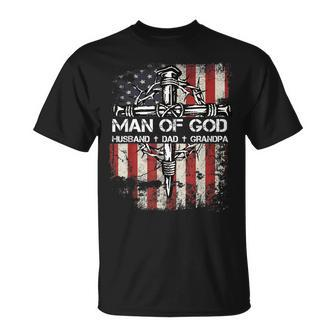 Man Of God Husband Dad Grandpa American Flag Christian Cross T-shirt - Thegiftio UK
