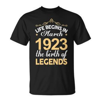 March 1923 Birthday Life Begins In March 1923 T-Shirt - Seseable