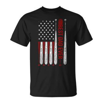 Mens Best Dad Coach Ever Baseball American Flag 4Th Of July Unisex T-Shirt - Seseable
