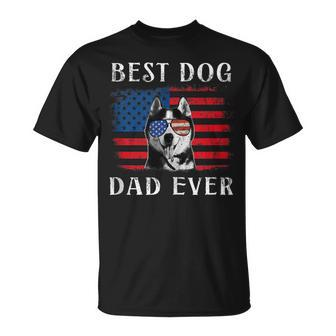 Mens Best Dog Dad Ever Husky American Flag 4Th Of July Unisex T-Shirt - Seseable