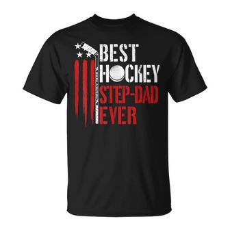 Mens Best Hockey Step Dad Ever Coach American Flag 4Th Of July Unisex T-Shirt - Seseable