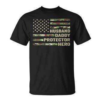 Mens Husband Daddy Protector Hero Fathers Day Flag Gift Unisex T-Shirt | Mazezy