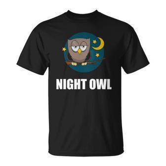 Night Owl Moon Cartoon Funny Unisex T-Shirt | Mazezy