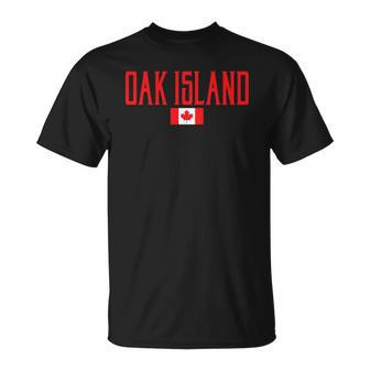 Oak Island Canada Flag Vintage Red Text Unisex T-Shirt | Mazezy