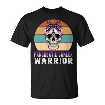 Pancreatic Cancer Warrior Skull Women Vintage Purple Ribbon Pancreatic Cancer Pancreatic Cancer Awareness Unisex T-Shirt - Monsterry