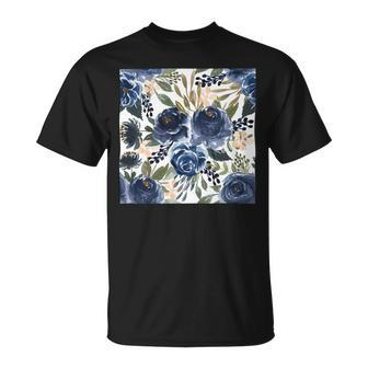 Pattern Watercolor Flower Navy Blue Unisex T-Shirt - Monsterry CA