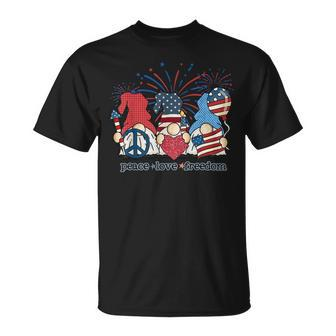 Peace Love Freedom Fireworks Gnomes 4Th Of July America Unisex T-Shirt - Seseable