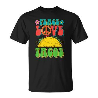 Peace Love Tacos Groovy Gift For Retro Hippie Unisex T-Shirt | Mazezy