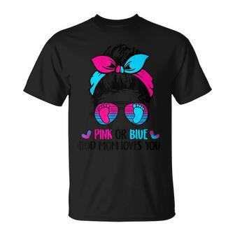 Pink Or Blue God Mom Loves You- Messy Bun Hair Gender Reveal T-shirt - Thegiftio
