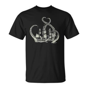 Pirate Ship Octopus Buccaneer Freebooter Crossed Bones Skull Unisex T-Shirt | Mazezy