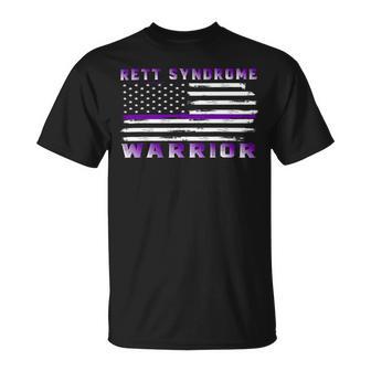 Rett Syndrome Warrior Usa Flag United States Flag Purple Ribbon Rett Syndrome Rett Syndrome Awareness Unisex T-Shirt | Favorety