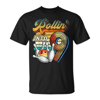Rollin Into 9 Bowling Birthday Party 9Th Birthday Retro Girl Unisex T-Shirt - Seseable