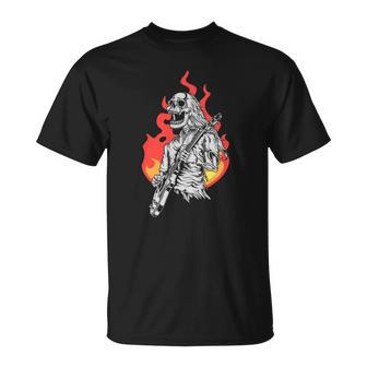 Skeleton Playing Electric Guitar Flames Rock Music Unisex T-Shirt | Mazezy