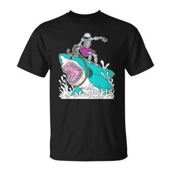 Skeleton Surfing Shark Halloween T-shirt - Thegiftio UK