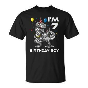 T Rex Dinosaur Robot Birthday Boy 7 Years Old Kid Party Unisex T-Shirt | Mazezy