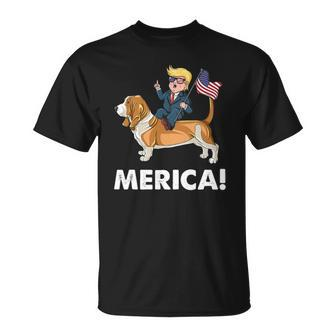 Trump Merica Riding A Basset Hound Dog 4Th July Unisex T-Shirt | Mazezy
